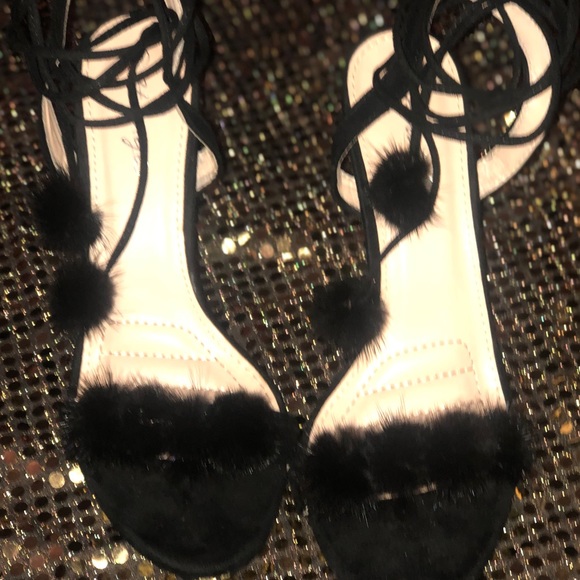 Women’s  Black Faux Fur & Suede Lace-Up Sandal - Picture 4 of 8